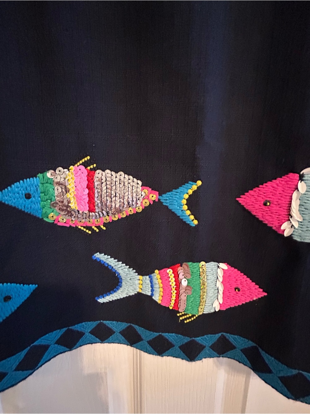 Talbots Navy Sleeveless Shift Dress with Colorful Fish Embroidery - Picture 3 of 6
